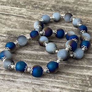 Druzy Peacock Aura Agate Crystal 10mm NEW blue purple white gold bracelet ONE st